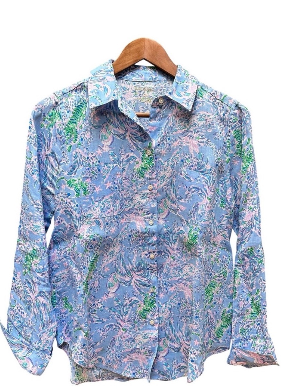 Lilly Pulitzer Sea View, Blue Floral Shirt with Pink & Green Accents Size XS - Picture 2 of 10
